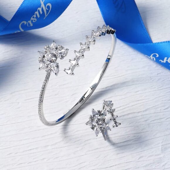 Rhodium-plated lab-created Gemstone Floral Bangle Bracelet - Picture 5 of 9